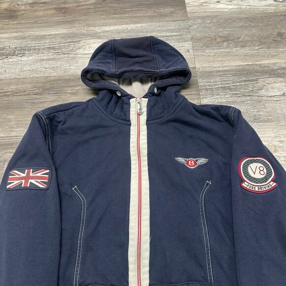 Bentley Motors Jacket V8 Patches Navy Blue Red Mens M Sherpa Lined Zip-Up Hooded - Picture 1 of 9